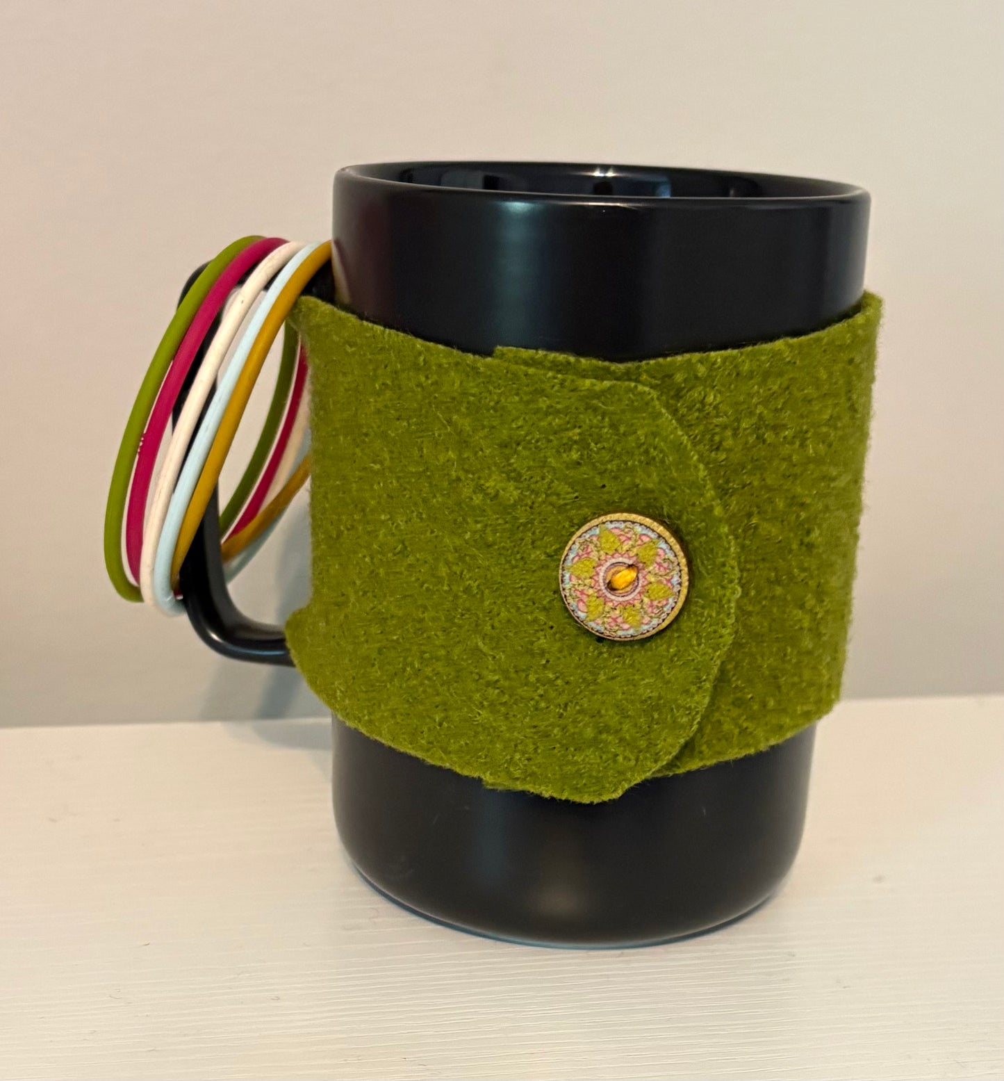 Home made wool mug cozy with matching 5pc bracelet collection