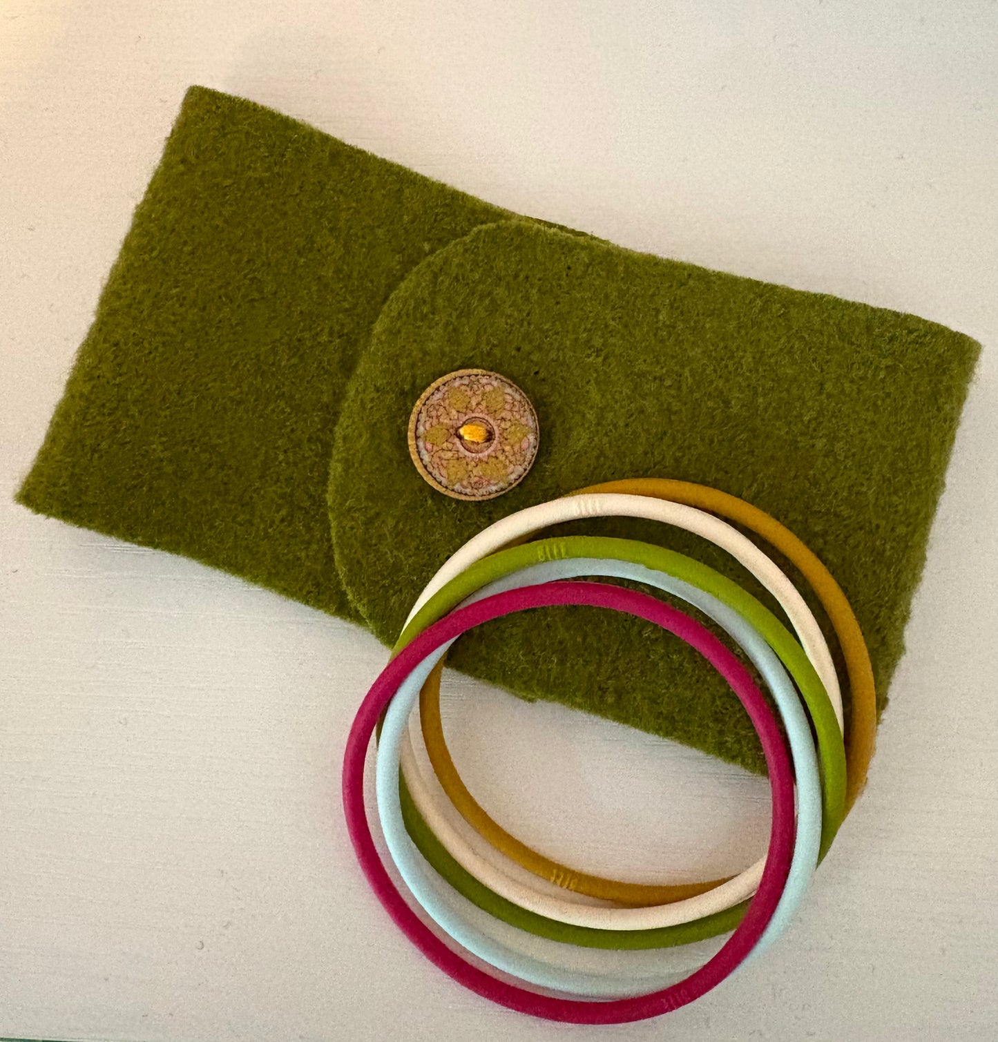 Home made wool mug cozy with matching 5pc bracelet collection