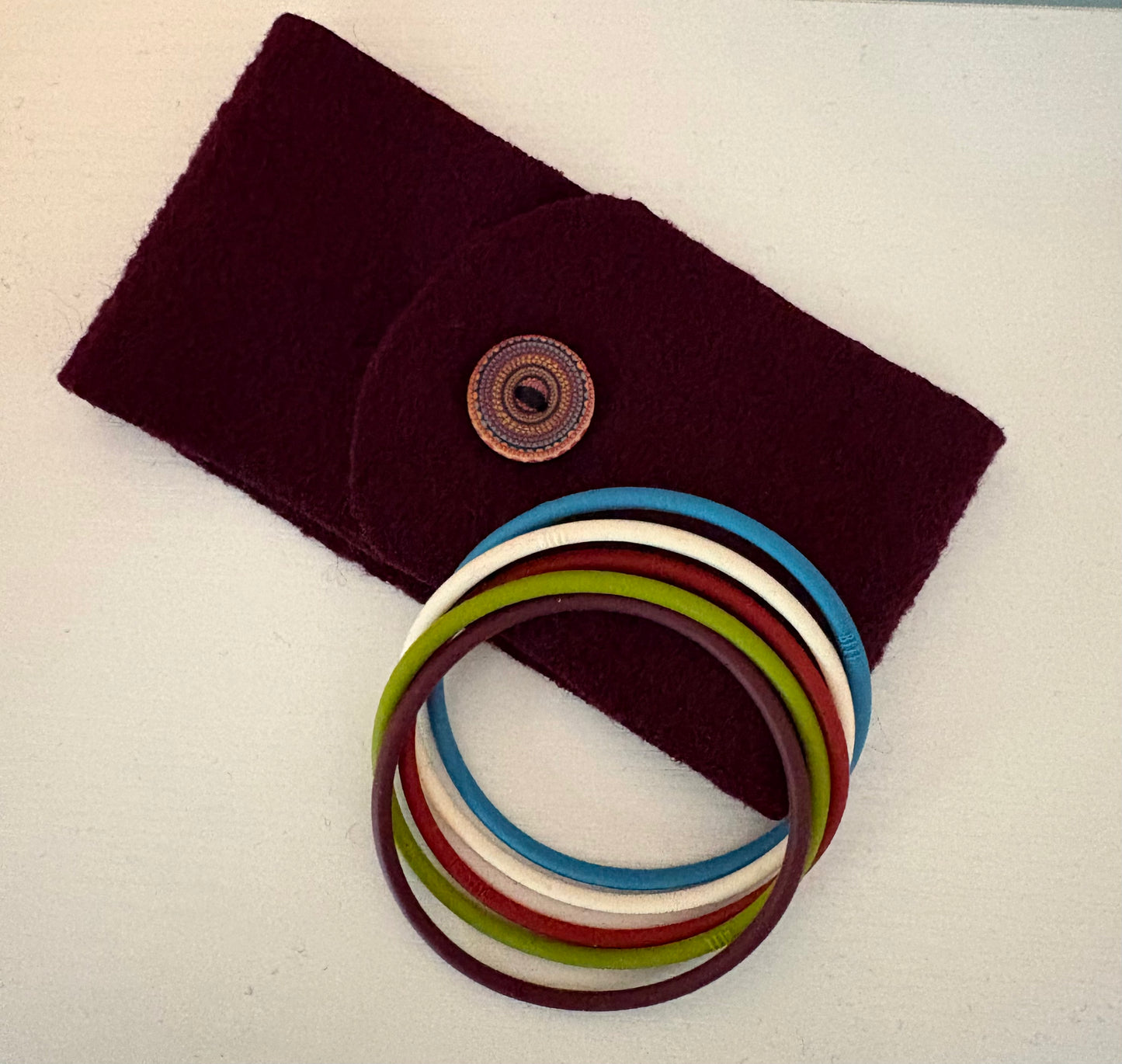 Home made wool mug cozy with matching 5pc bracelet collection